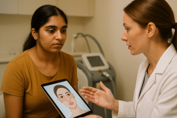 Young Indian woman with PCOD getting laser hair removal consultation in Kakinada clinic