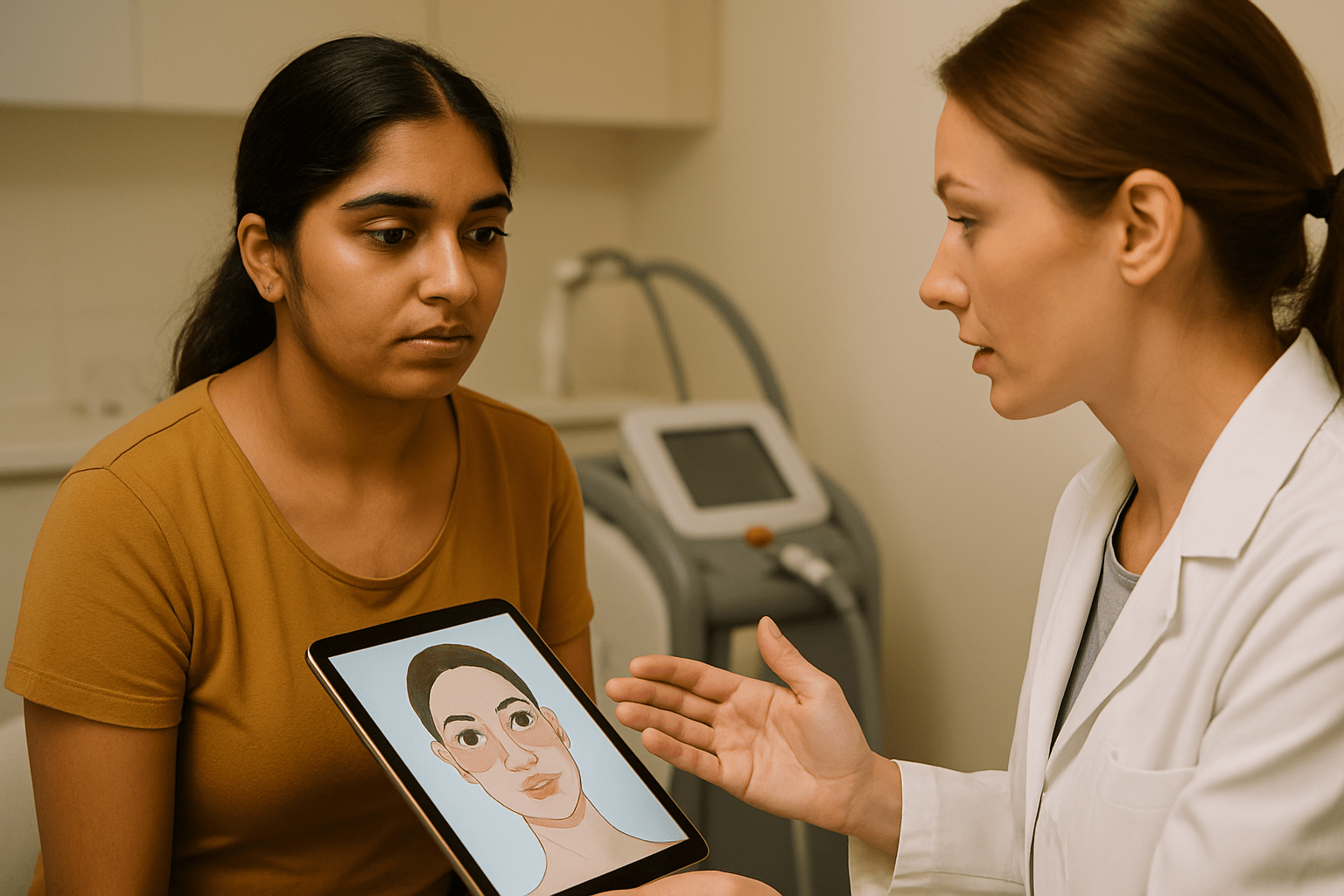 Young Indian woman with PCOD getting laser hair removal consultation in Kakinada clinic