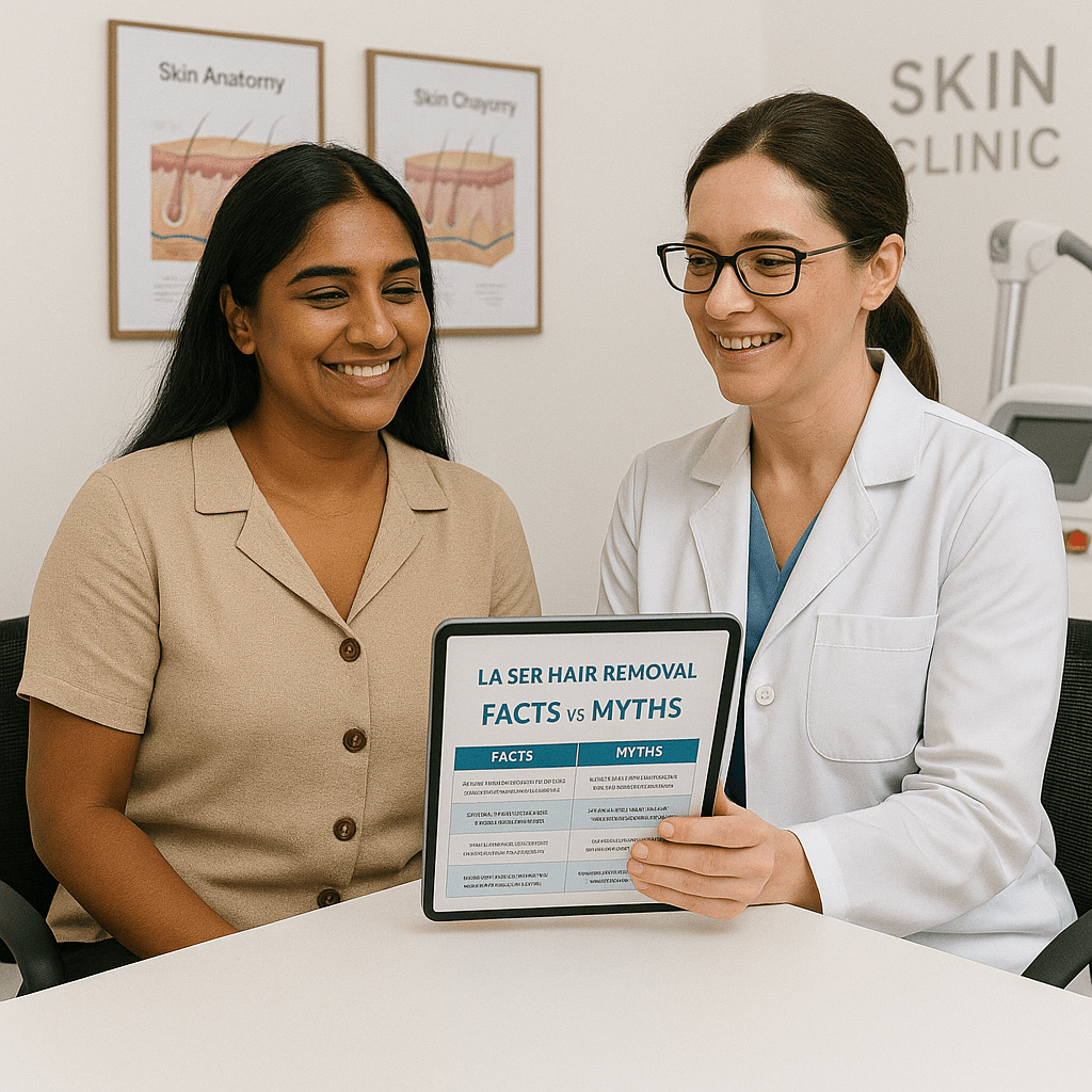 Dermatologist explaining laser hair removal myths to patient in Kakinada skin clinic