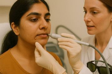 Facial wart removal procedure for Indian woman at skin clinic in Kakinada